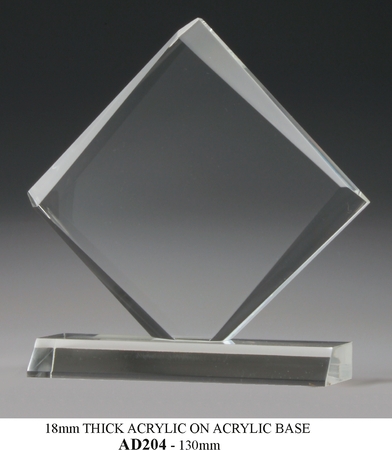 AD204 18MM acrylic diamond shape on acrylic base 130mm high  $47.00