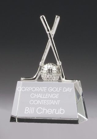 CG196S silver clubs/ball on crystal base 100mm. Comes in presentation case $28.00