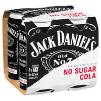 JACK DANIEL'S and COLA NO SUGAR 4 x 375ML CANS  - Image 1