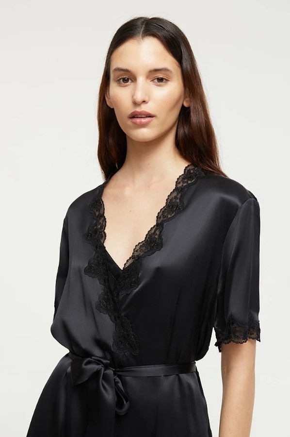 Silk Wrap Gown with Lace Trim - Black - Image 1