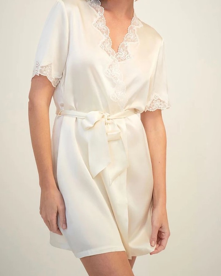 Silk Wrap Gown with Lace Trim - Creme - Image 2