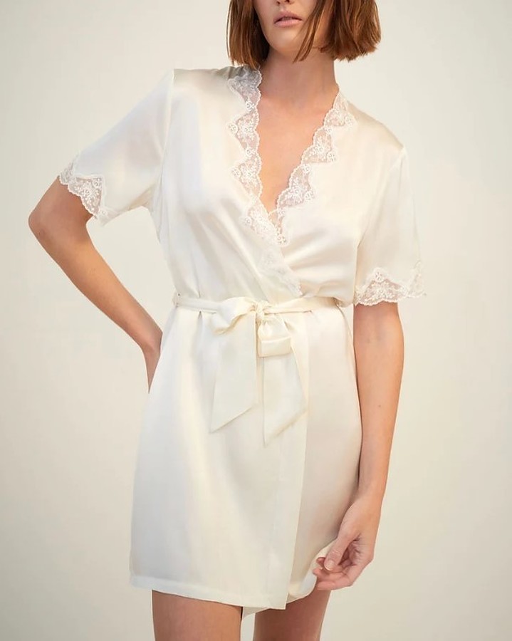 Silk Wrap Gown with Lace Trim - Creme - Image 4