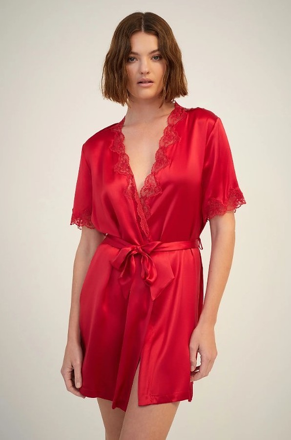 Silk Wrap Gown with Lace Trim - Ruby - Image 2