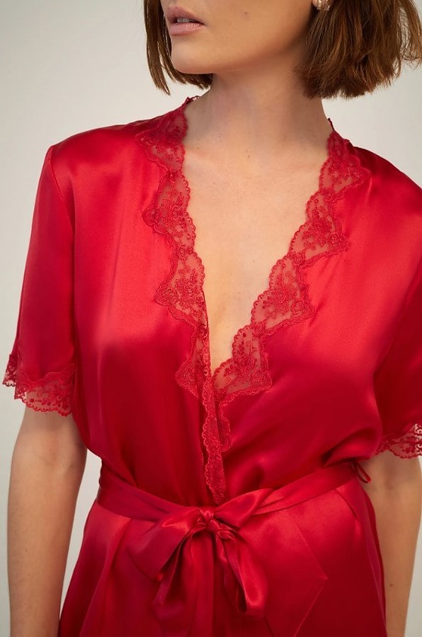 Silk Wrap Gown with Lace Trim - Ruby - Image 5