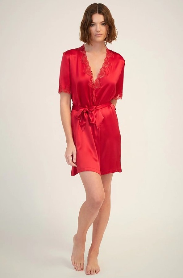 Silk Wrap Gown with Lace Trim - Ruby - Image 1