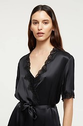 Silk Wrap Gown with Lace Trim + Black