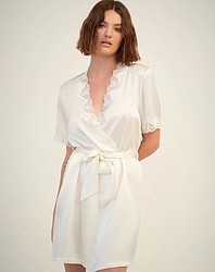 Silk Wrap Gown with Lace Trim + Creme