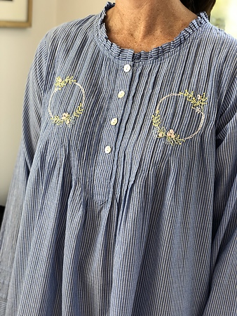 Cotton Nightie MND 799B Cotton nightie 48 inch Blue Stripe with Embroidery long sleeve - Image 2